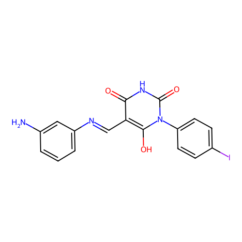 (5E)-5-[(3-aminoanilino)methylidene]-1-(4-iodophenyl)-1,3-diazinane-2,4,6-trione structure