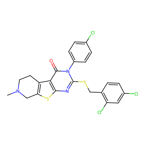 3-(4-chlorophenyl)-2-((2,4-dichlorobenzyl)thio)-7-methyl-5,6,7,8-tetrahydropyrido[4',3':4,5]thieno[2,3-d]pyrimidin-4(3H)-one structure