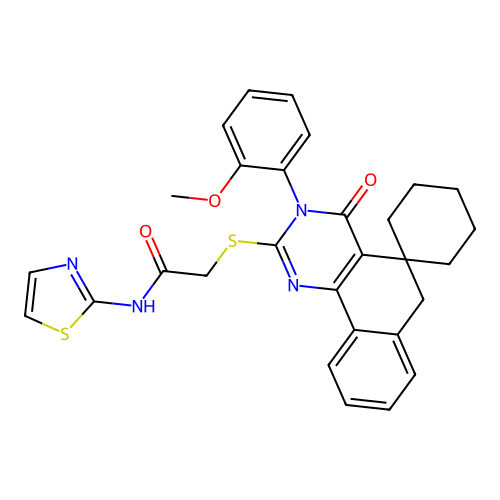 2-((3-(2-methoxyphenyl)-4-oxo-4,6-dihydro-3H-spiro[benzo[h]quinazoline-5,1'-cyclohexan]-2-yl)thio)-N-(thiazol-2-yl)acetamide structure