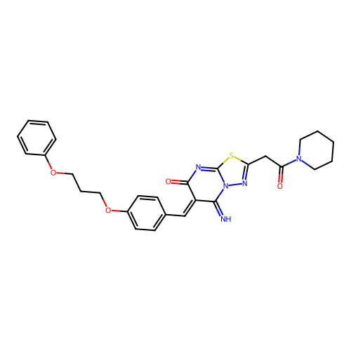 (Z)-5-imino-2-(2-oxo-2-(piperidin-1-yl)ethyl)-6-(4-(3-phenoxypropoxy)benzylidene)-5H-[1,3,4]thiadiazolo[3,2-a]pyrimidin-7(6H)-one structure