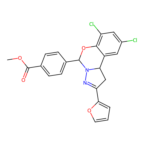 methyl 4-(7,9-dichloro-2-(furan-2-yl)-5,10b-dihydro-1H-benzo[e]pyrazolo[1,5-c][1,3]oxazin-5-yl)benzoate structure