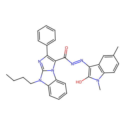 (E)-9-butyl-N'-(1,5-dimethyl-2-oxoindolin-3-ylidene)-2-phenyl-9H-benzo[d]imidazo[1,2-a]imidazole-3-carbohydrazide structure