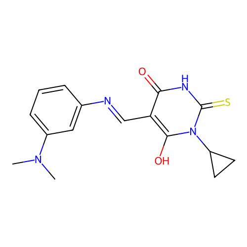 (5Z)-1-cyclopropyl-5-({[3-(dimethylamino)phenyl]amino}methylidene)-2-sulfanylpyrimidine-4,6(1H,5H)-dione structure