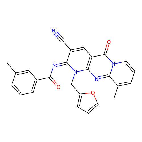 N-[3-Cyano-1-furan-2-ylmethyl-8-methyl-10-oxo-1,10-dihydro-1,9,10a-triaza-anthracen-(2Z)-ylidene]-3- methyl-benzamide structure