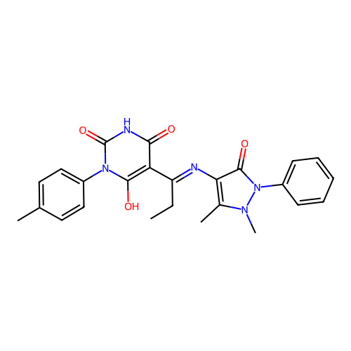 (E)-5-(1-((1,5-dimethyl-3-oxo-2-phenyl-2,3-dihydro-1H-pyrazol-4-yl)amino)propylidene)-1-(p-tolyl)pyrimidine-2,4,6(1H,3H,5H)-trione structure