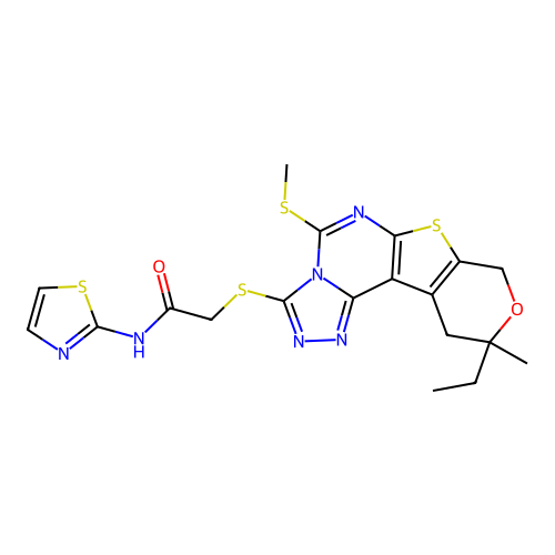 2-((10-ethyl-10-methyl-5-(methylthio)-10,11-dihydro-8H-pyrano[4',3':4,5]thieno[3,2-e][1,2,4]triazolo[4,3-c]pyrimidin-3-yl)thio)-N-(thiazol-2-yl)acetamide structure