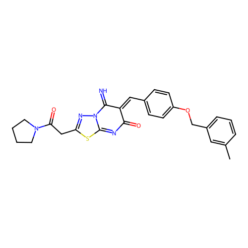 (Z)-5-imino-6-(4-((3-methylbenzyl)oxy)benzylidene)-2-(2-oxo-2-(pyrrolidin-1-yl)ethyl)-5H-[1,3,4]thiadiazolo[3,2-a]pyrimidin-7(6H)-one structure