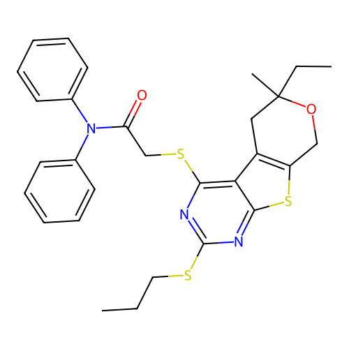 2-((6-ethyl-6-methyl-2-(propylthio)-6,8-dihydro-5H-pyrano[4',3':4,5]thieno[2,3-d]pyrimidin-4-yl)thio)-N,N-diphenylacetamide structure