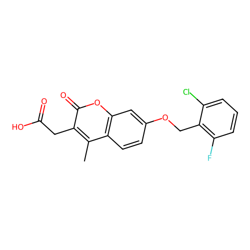 {7-[(2-chloro-6-fluorobenzyl)oxy]-4-methyl-2-oxo-2H-chromen-3-yl}acetic acid structure