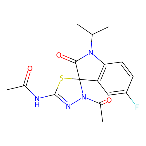 N-(3'-acetyl-5-fluoro-1-isopropyl-2-oxo-3'H-spiro[indoline-3,2'-[1,3,4]thiadiazol]-5'-yl)acetamide structure