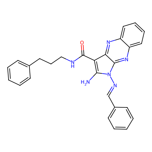 2-amino-1-[(E)-benzylideneamino]-N-(3-phenylpropyl)pyrrolo[3,2-b]quinoxaline-3-carboxamide structure
