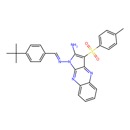 (E)-N1-(4-(tert-butyl)benzylidene)-3-tosyl-1H-pyrrolo[2,3-b]quinoxaline-1,2-diamine structure