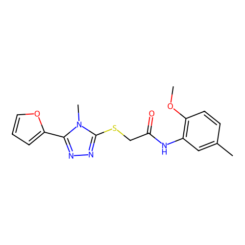 2-(5-(2-furyl)-4-methyl(1,2,4-triazol-3-ylthio))-N-(2-methoxy-5-methylphenyl)a cetamide structure