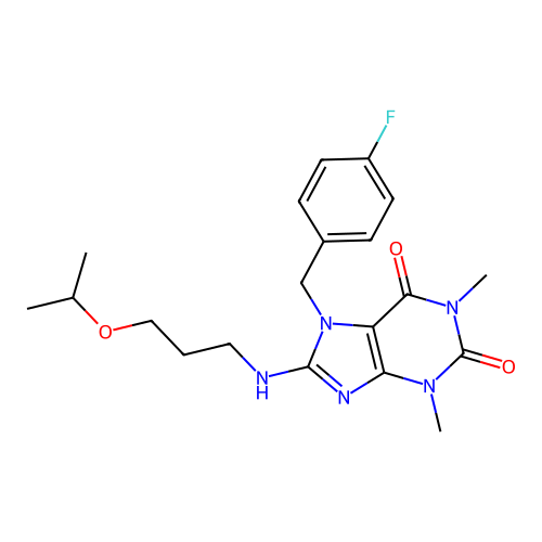 7-[(4-fluorophenyl)methyl]-1,3-dimethyl-8-(3-propan-2-yloxypropylamino)purine-2,6-dione structure