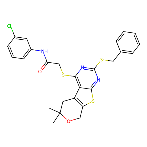 2-((2-(benzylthio)-6,6-dimethyl-6,8-dihydro-5H-pyrano[4',3':4,5]thieno[2,3-d]pyrimidin-4-yl)thio)-N-(3-chlorophenyl)acetamide structure