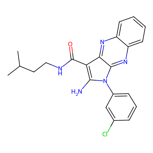 2-amino-1-(3-chlorophenyl)-N-(3-methylbutyl)-1H-pyrrolo[2,3-b]quinoxaline-3-carboxamide structure