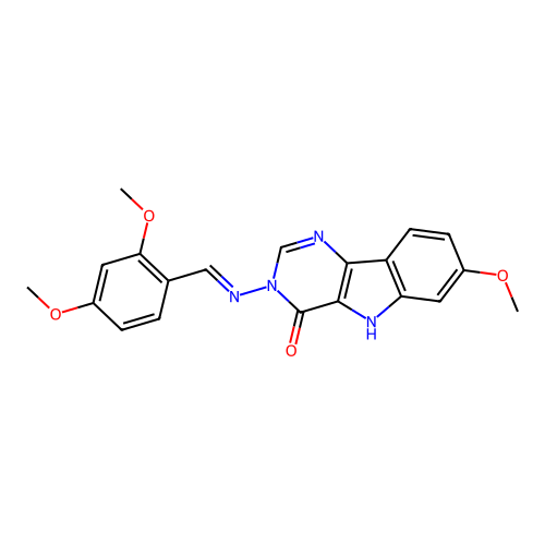 3-((2,4-dimethoxybenzylidene)amino)-7-methoxy-3H-pyrimido[5,4-b]indol-4(5H)-one structure