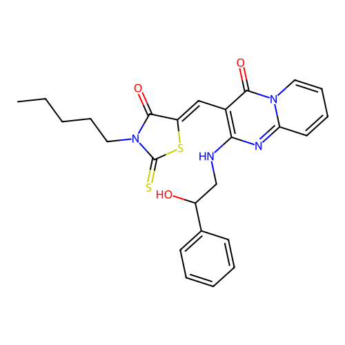 2-[(2-hydroxy-2-phenylethyl)amino]-3-[(Z)-(4-oxo-3-pentyl-2-thioxo-1,3-thiazolidin-5-ylidene)methyl]-4H-pyrido[1,2-a]pyrimidin-4-one structure