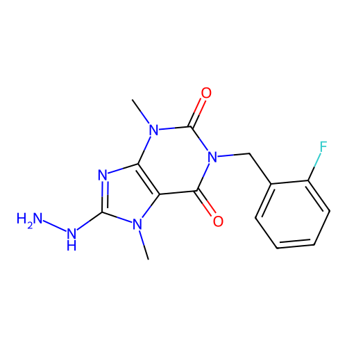 1-(2-fluorobenzyl)-8-hydrazinyl-3,7-dimethyl-1H-purine-2,6(3H,7H)-dione structure
