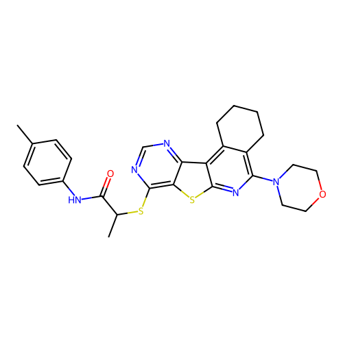 2-((5-morpholino-1,2,3,4-tetrahydropyrimido[4',5':4,5]thieno[2,3-c]isoquinolin-8-yl)thio)-N-(p-tolyl)propanamide structure