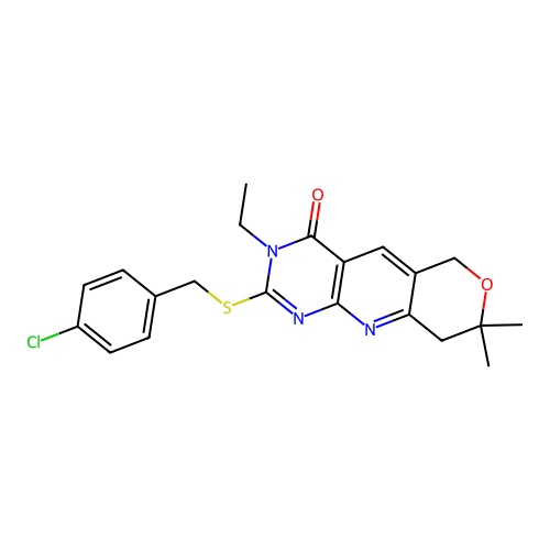 2-((4-chlorobenzyl)thio)-3-ethyl-8,8-dimethyl-8,9-dihydro-3H-pyrano[3',4':5,6]pyrido[2,3-d]pyrimidin-4(6H)-one structure