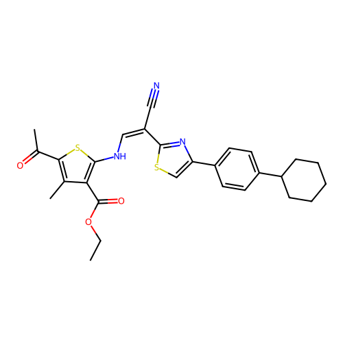 (Z)-ethyl 5-acetyl-2-((2-cyano-2-(4-(4-cyclohexylphenyl)thiazol-2-yl)vinyl)amino)-4-methylthiophene-3-carboxylate structure