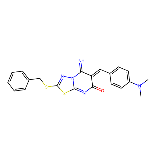 (Z)-2-(benzylthio)-6-(4-(dimethylamino)benzylidene)-5-imino-5H-[1,3,4]thiadiazolo[3,2-a]pyrimidin-7(6H)-one structure