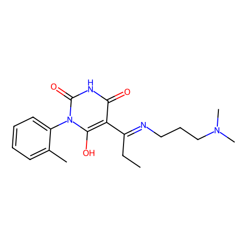 (E)-5-(1-((3-(dimethylamino)propyl)amino)propylidene)-1-(o-tolyl)pyrimidine-2,4,6(1H,3H,5H)-trione structure