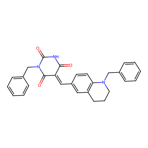 (5E)-1-benzyl-5-[(1-benzyl-3,4-dihydro-2H-quinolin-6-yl)methylidene]-1,3-diazinane-2,4,6-trione structure