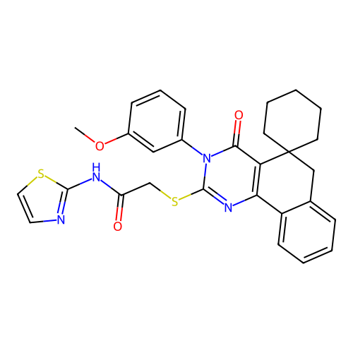 2-((3-(3-methoxyphenyl)-4-oxo-4,6-dihydro-3H-spiro[benzo[h]quinazoline-5,1'-cyclohexan]-2-yl)thio)-N-(thiazol-2-yl)acetamide structure