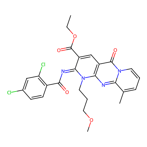 (Z)-ethyl 2-((2,4-dichlorobenzoyl)imino)-1-(3-methoxypropyl)-10-methyl-5-oxo-2,5-dihydro-1H-dipyrido[1,2-a:2',3'-d]pyrimidine-3-carboxylate structure