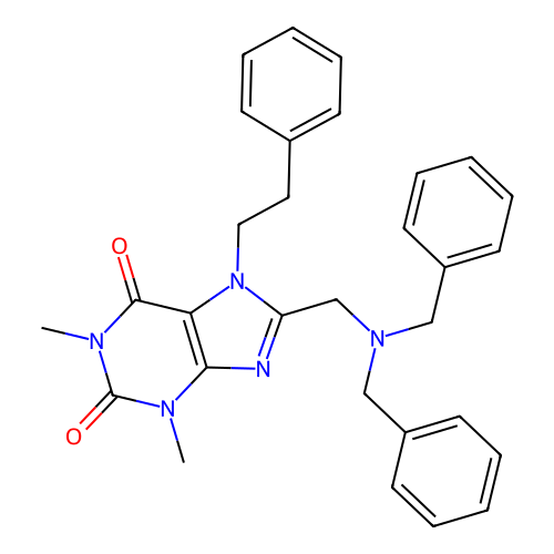 8-[(dibenzylamino)methyl]-1,3-dimethyl-7-(2-phenylethyl)-3,7-dihydro-1H-purine-2,6-dione structure