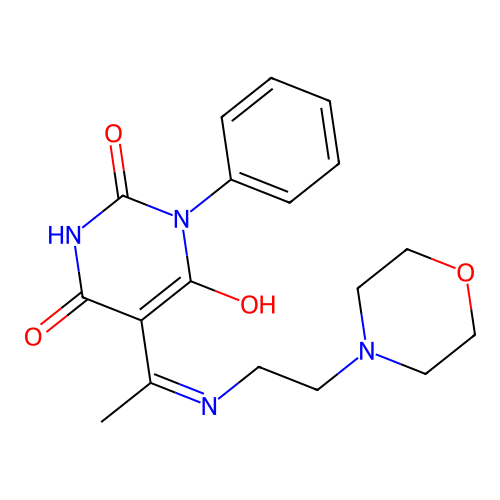 (E)-5-(1-((2-morpholinoethyl)amino)ethylidene)-1-phenylpyrimidine-2,4,6(1H,3H,5H)-trione structure