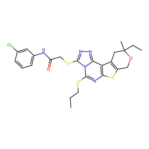 N-(3-chlorophenyl)-2-((10-ethyl-10-methyl-5-(propylthio)-10,11-dihydro-8H-pyrano[4',3':4,5]thieno[3,2-e][1,2,4]triazolo[4,3-c]pyrimidin-3-yl)thio)acetamide structure