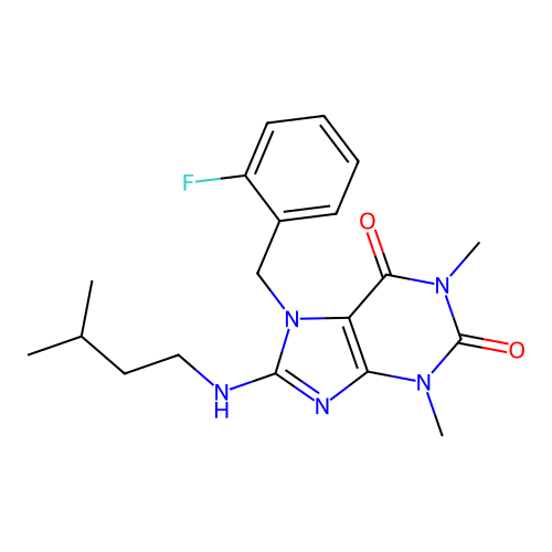 7-[(2-fluorophenyl)methyl]-1,3-dimethyl-8-(3-methylbutylamino)purine-2,6-dione structure