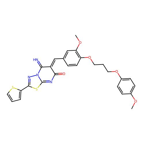 (Z)-5-imino-6-(3-methoxy-4-(3-(4-methoxyphenoxy)propoxy)benzylidene)-2-(thiophen-2-yl)-5H-[1,3,4]thiadiazolo[3,2-a]pyrimidin-7(6H)-one structure