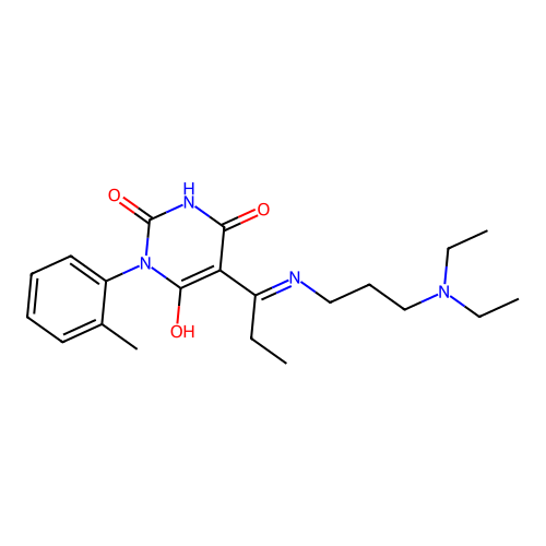 (5E)-5-(1-{[3-(diethylamino)propyl]amino}propylidene)-6-hydroxy-3-(2-methylphenyl)pyrimidine-2,4(3H,5H)-dione structure