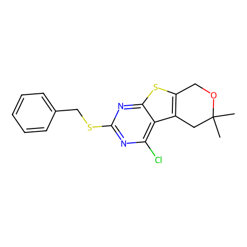 2-(benzylsulfanyl)-4-chloro-6,6-dimethyl-5,8-dihydro-6H-pyrano[4',3':4,5]thieno[2,3-d]pyrimidine structure