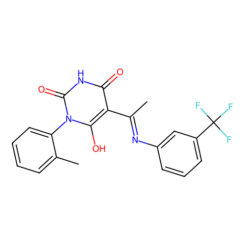 (5Z)-1-(2-methylphenyl)-5-[1-[3-(trifluoromethyl)anilino]ethylidene]-1,3-diazinane-2,4,6-trione structure