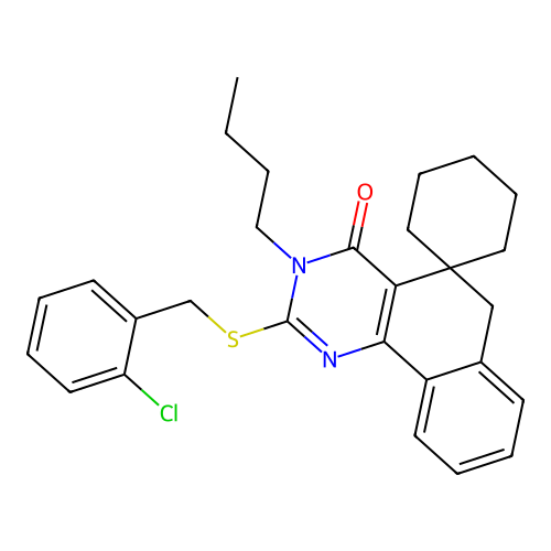 3-butyl-2-((2-chlorobenzyl)thio)-3H-spiro[benzo[h]quinazoline-5,1'-cyclohexan]-4(6H)-one structure
