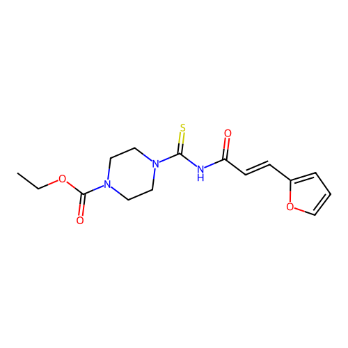 ethyl 4-{[(2E)-3-(furan-2-yl)prop-2-enoyl]carbamothioyl}piperazine-1-carboxylate structure