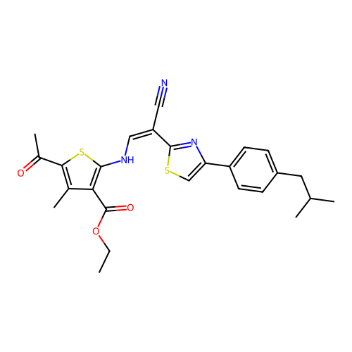 (Z)-ethyl 5-acetyl-2-((2-cyano-2-(4-(4-isobutylphenyl)thiazol-2-yl)vinyl)amino)-4-methylthiophene-3-carboxylate structure