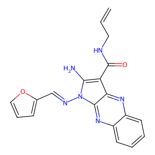 (E)-N-allyl-2-amino-1-((furan-2-ylmethylene)amino)-1H-pyrrolo[2,3-b]quinoxaline-3-carboxamide structure