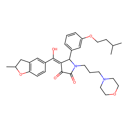 (4E)-4-[hydroxy-(2-methyl-2,3-dihydro-1-benzofuran-5-yl)methylidene]-5-[3-(3-methylbutoxy)phenyl]-1-(3-morpholin-4-ylpropyl)pyrrolidine-2,3-dione structure