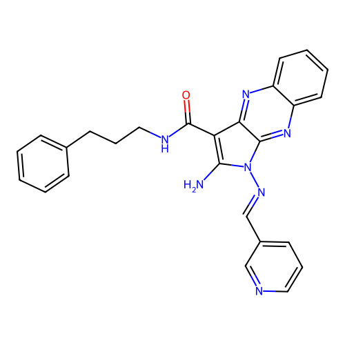 (E)-2-amino-N-(3-phenylpropyl)-1-((pyridin-3-ylmethylene)amino)-1H-pyrrolo[2,3-b]quinoxaline-3-carboxamide structure