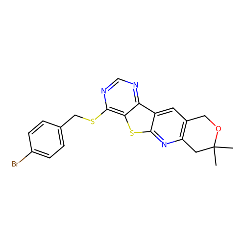 4-[(4-bromobenzyl)sulfanyl]-8,8-dimethyl-7,10-dihydro-8H-pyrano[3'',4'':5',6']pyrido[3',2':4,5]thieno[3,2-d]pyrimidine structure