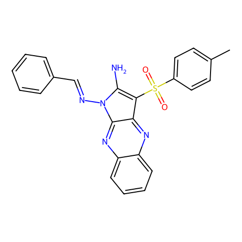 (E)-N1-benzylidene-3-tosyl-1H-pyrrolo[2,3-b]quinoxaline-1,2-diamine structure