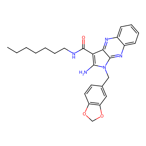 2-amino-1-(1,3-benzodioxol-5-ylmethyl)-N-heptylpyrrolo[3,2-b]quinoxaline-3-carboxamide structure