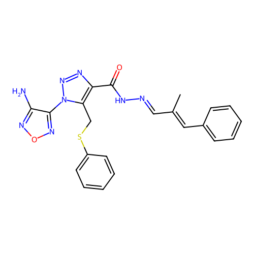(E)-1-(4-amino-1,2,5-oxadiazol-3-yl)-N'-((E)-2-methyl-3-phenylallylidene)-5-((phenylthio)methyl)-1H-1,2,3-triazole-4-carbohydrazide structure