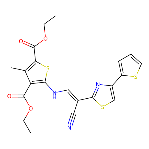 (E)-diethyl 5-((2-cyano-2-(4-(thiophen-2-yl)thiazol-2-yl)vinyl)amino)-3-methylthiophene-2,4-dicarboxylate structure